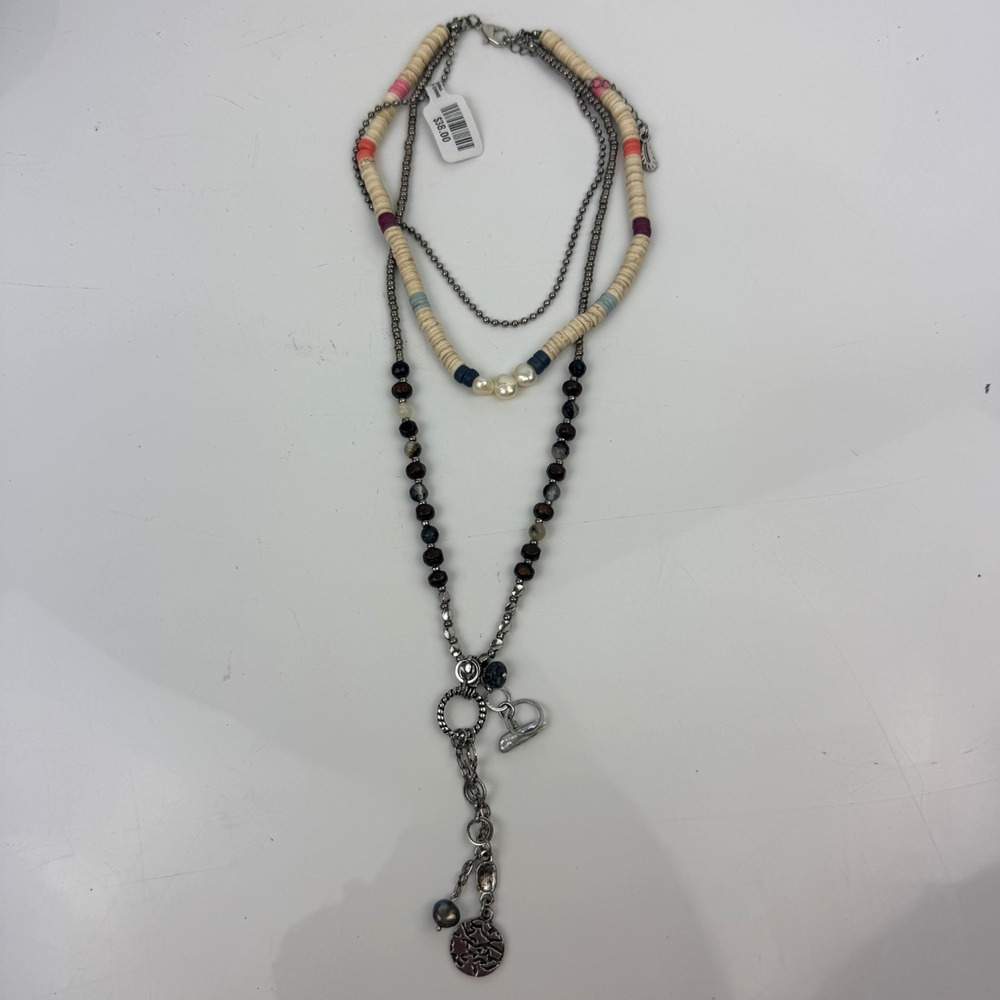 Free People Layered Charm Silver Beaded Necklace Women's Mixed-Material Boho NWT